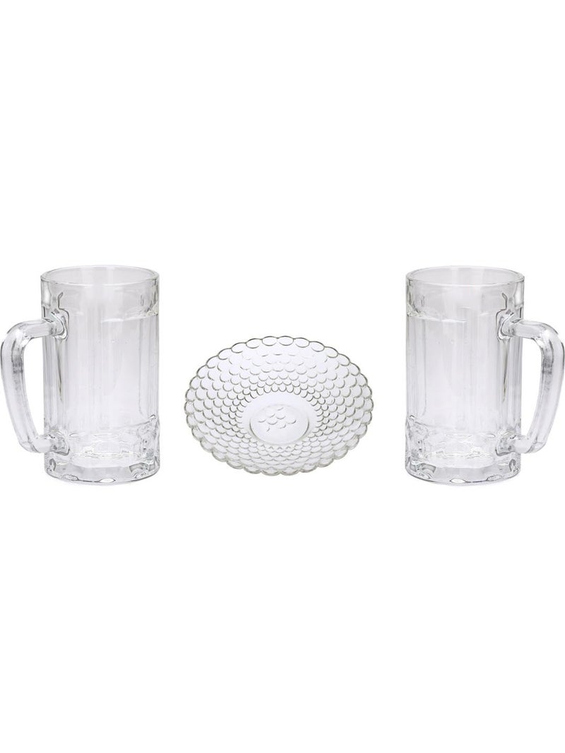 Somil Combo Set of 2 Beer Glasses and 1 Snack Plate Transparent Glass Set of 3 Glass Size 8 X 12 X 135 Cm Plate Size 24 X 24 X 45 Cm - Image 1