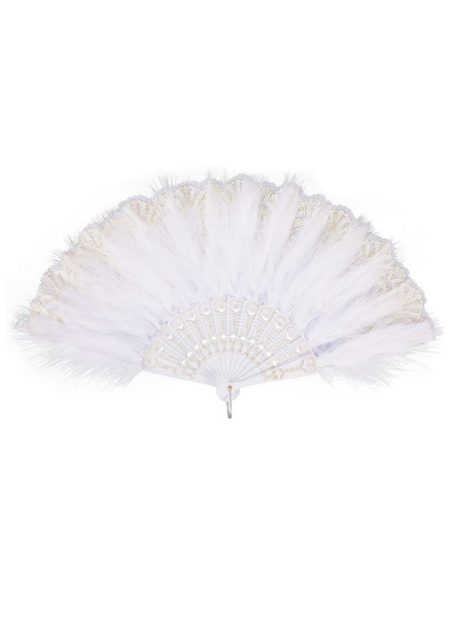 MWOOT Marabou Feather Fan, 1920s Embroidered Flower Handheld Feather Fan, Roaring 20s Vintage Style Flapper Hand Fan for Costume Halloween Dancing Show Tea Party Wedding Decoration - White - Image 1