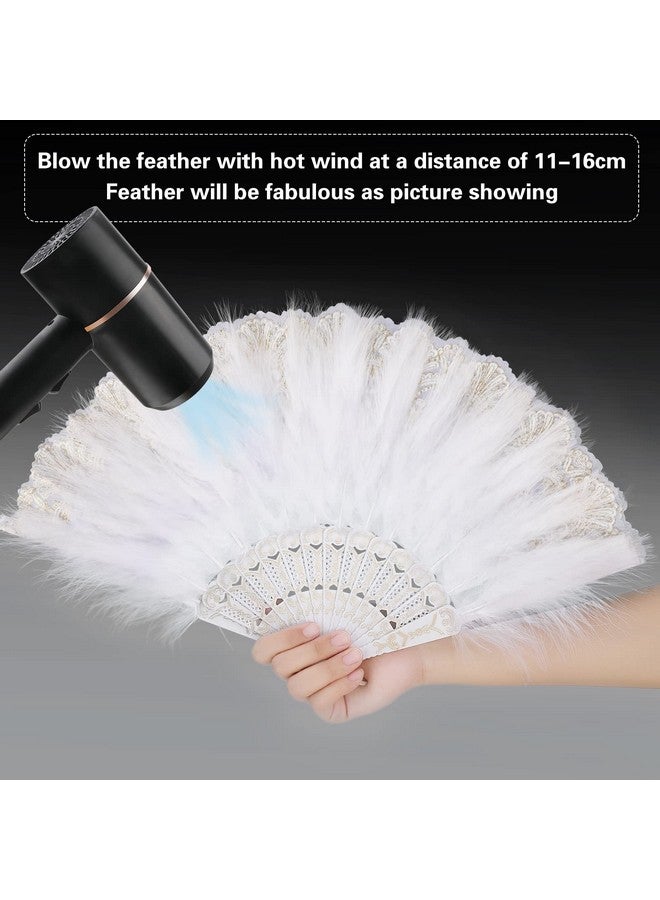 MWOOT Marabou Feather Fan, 1920s Embroidered Flower Handheld Feather Fan, Roaring 20s Vintage Style Flapper Hand Fan for Costume Halloween Dancing Show Tea Party Wedding Decoration - White - Image 5