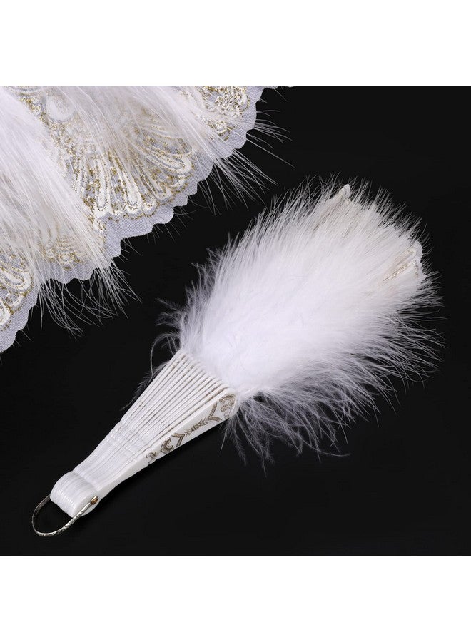 MWOOT Marabou Feather Fan, 1920s Embroidered Flower Handheld Feather Fan, Roaring 20s Vintage Style Flapper Hand Fan for Costume Halloween Dancing Show Tea Party Wedding Decoration - White - Image 3