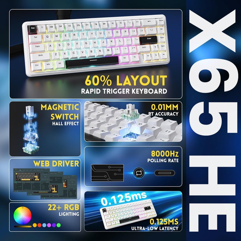 ATTACK SHARK X65 HE Wired Rapid Trigger Magnetic Switch 65% Mechanical Gaming Keyboard, Hall Effect Top Mount RGB Hot Swap,Adjustable Actuation,8KHZ Polling Rate,PBT Keycaps for Win/Mac(White Contour) - Image 4