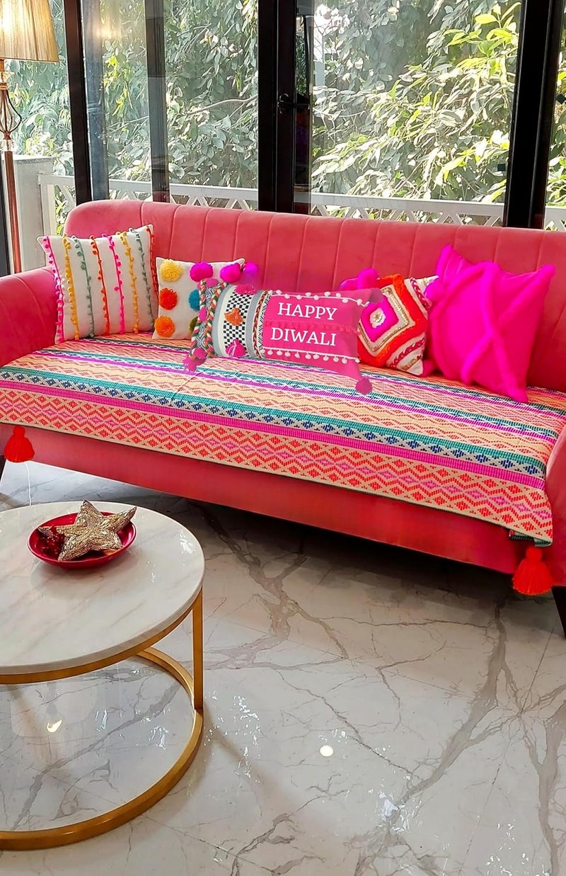 WWW.THROWPILLOW.IN HAPPY DIWALI Living Room Festive Decoration Set Vibrant Multicolored Tassel 3Seater Sofa Cover 5 Cushion Cover Combo Corner Tassel Throw Instant Diwali Living Room Makeover 