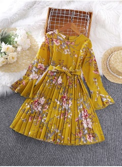 Generic Tween Girls Elegant Style Pleated Dress Yellow Color Floral Printed Flare Long Sleeve Belted Pleated Dress  Modest Dress Suitable For Communion Party Family Gathering Outgoing Birthday Festival Wedding  - Image 1
