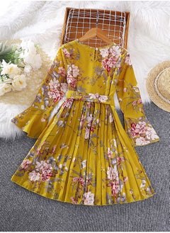 Generic Tween Girls Elegant Style Pleated Dress Yellow Color Floral Printed Flare Long Sleeve Belted Pleated Dress  Modest Dress Suitable For Communion Party Family Gathering Outgoing Birthday Festival Wedding  - Image 2