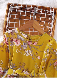 Generic Tween Girls Elegant Style Pleated Dress Yellow Color Floral Printed Flare Long Sleeve Belted Pleated Dress  Modest Dress Suitable For Communion Party Family Gathering Outgoing Birthday Festival Wedding  - Image 3