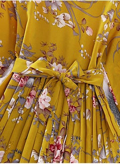 Generic Tween Girls Elegant Style Pleated Dress Yellow Color Floral Printed Flare Long Sleeve Belted Pleated Dress  Modest Dress Suitable For Communion Party Family Gathering Outgoing Birthday Festival Wedding  - Image 4