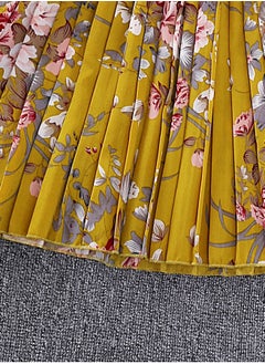 Generic Tween Girls Elegant Style Pleated Dress Yellow Color Floral Printed Flare Long Sleeve Belted Pleated Dress  Modest Dress Suitable For Communion Party Family Gathering Outgoing Birthday Festival Wedding  - Image 5
