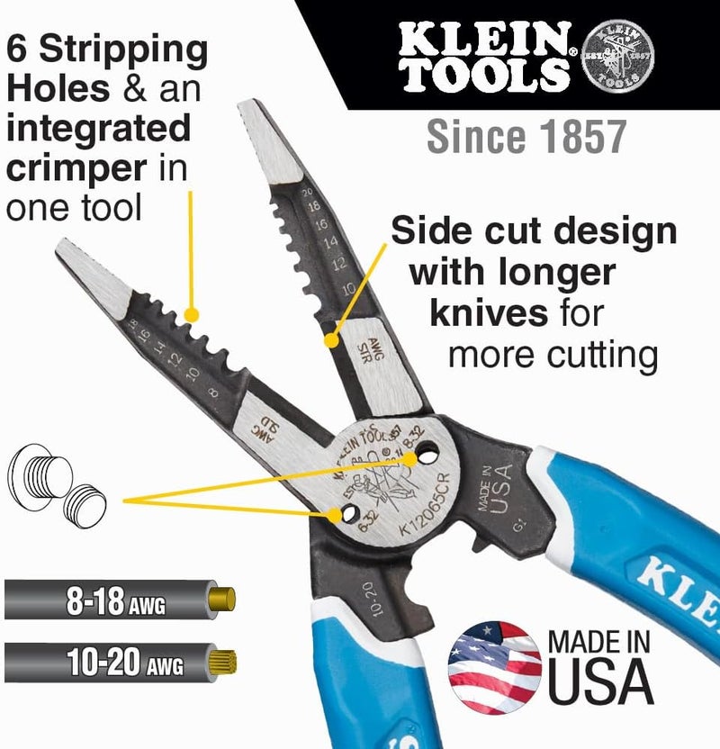 Klein Tools K12065CR Wire Stripper / Cutter / Crimper Tool, Made in USA, for Cutting, Stripping, Crimping, Twisting (8-18 AWG solid, 10-20 AWG stranded) - Image 1