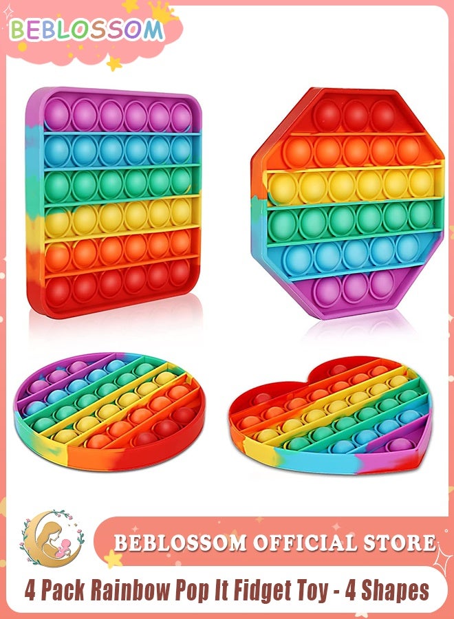 BEBLOSSOM 4 Pack Rainbow Pop It Fidget Toy - 4 Shapes (Heart/Circle/Octagon/Square) Bubble Sensory Toy for Kids Adults, Stress Relief Poppers - Image 1
