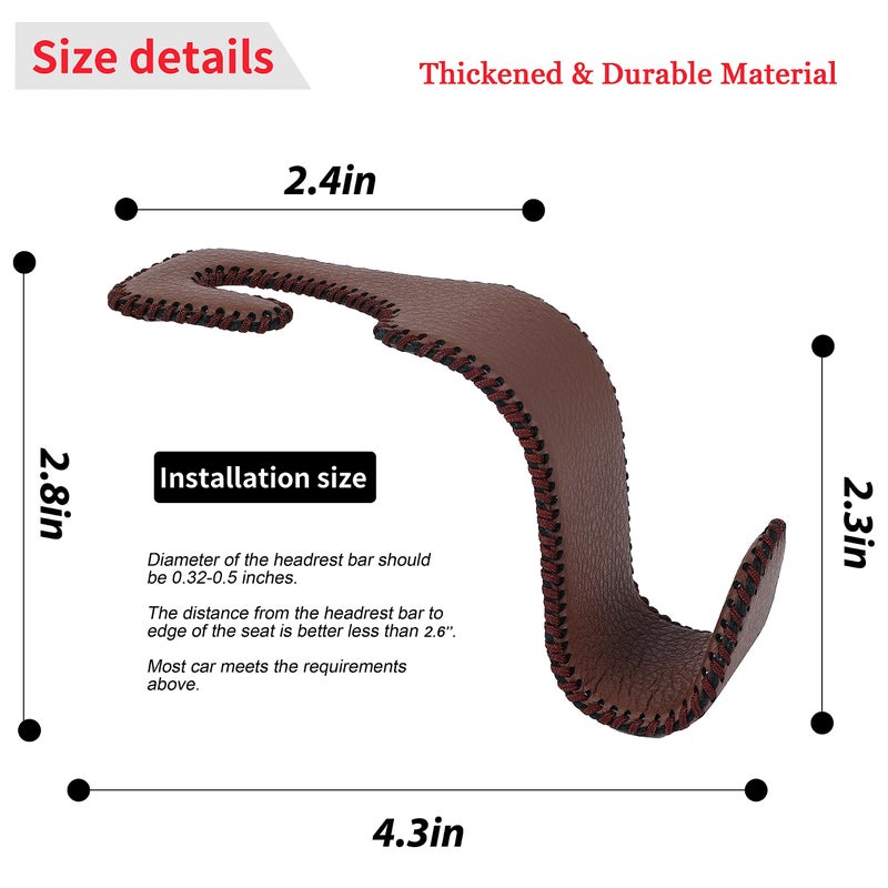 Amooca Car Seat Headrest Hook Universal Vehicle Storage Hanger Leather with Metal Car Seat Back Organizer for Handbag Purse Coat Brown 2 Pack - Image 3