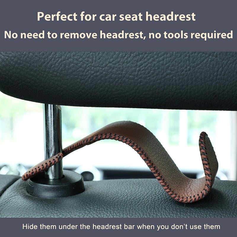 Amooca Car Seat Headrest Hook Universal Vehicle Storage Hanger Leather with Metal Car Seat Back Organizer for Handbag Purse Coat Brown 2 Pack - Image 5