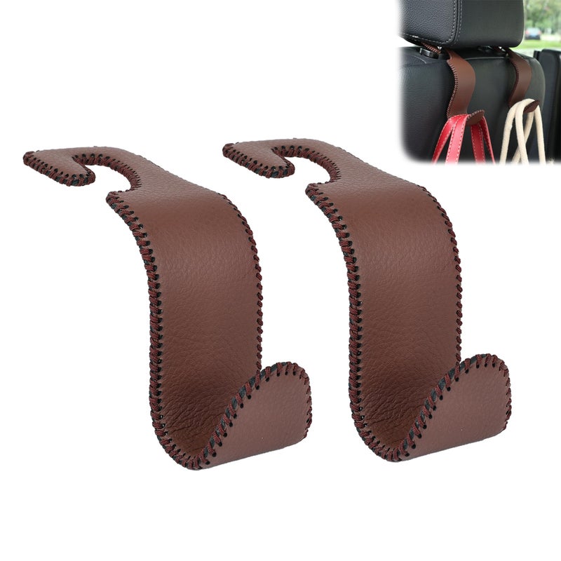 Amooca Car Seat Headrest Hook Universal Vehicle Storage Hanger Leather with Metal Car Seat Back Organizer for Handbag Purse Coat Brown 2 Pack - Image 1