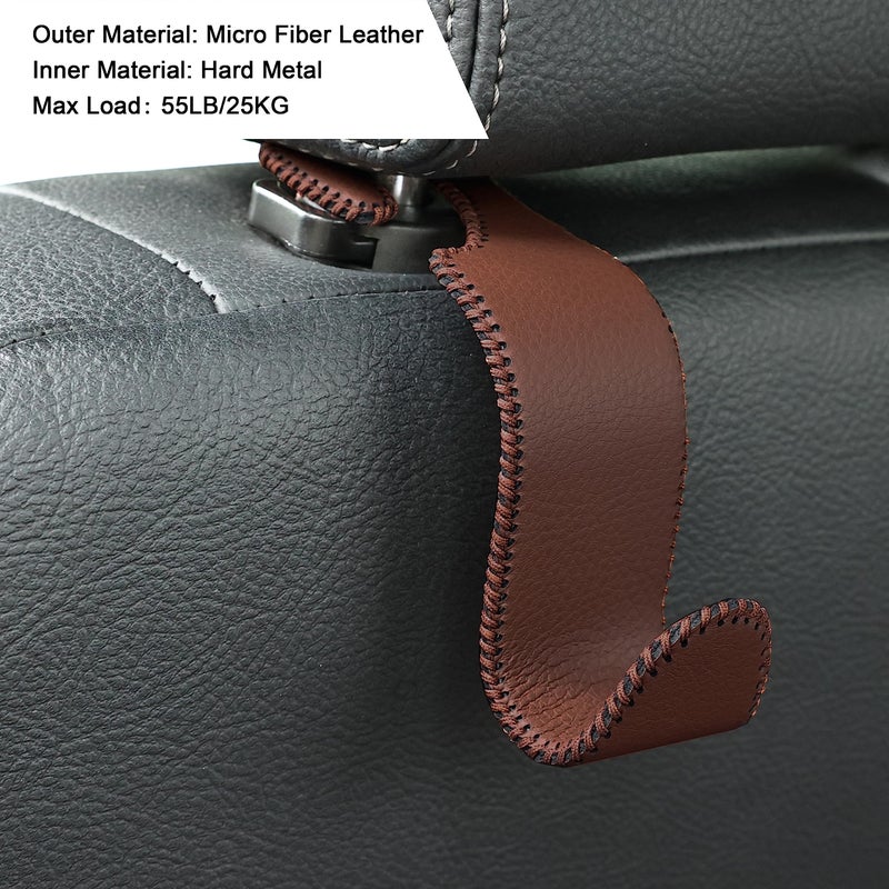 Amooca Car Seat Headrest Hook Universal Vehicle Storage Hanger Leather with Metal Car Seat Back Organizer for Handbag Purse Coat Brown 2 Pack - Image 4