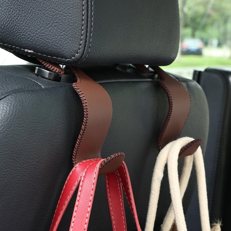 Amooca Car Seat Headrest Hook Universal Vehicle Storage Hanger Leather with Metal Car Seat Back Organizer for Handbag Purse Coat Brown 2 Pack - Image 2