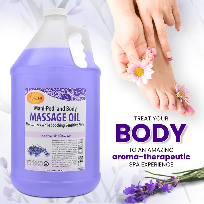 spa REDI زيت تدليك سبا ريدي - لافندر وايلدفلاور، 128 أونصة، بيديكور احترافي، مانيكير، علاج تدليك كامل للجسم، مع زيت اللوز، زيت بذور القطن، زيت عباد الشمس، زيت الأفوكادو، زيوت أساسية، فيتامين E - Image 4