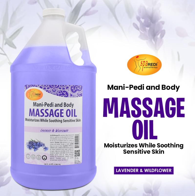 spa REDI زيت تدليك سبا ريدي - لافندر وايلدفلاور، 128 أونصة، بيديكور احترافي، مانيكير، علاج تدليك كامل للجسم، مع زيت اللوز، زيت بذور القطن، زيت عباد الشمس، زيت الأفوكادو، زيوت أساسية، فيتامين E - Image 2