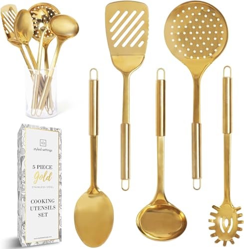 styled settings Gold Cooking Utensils Set  5Piece Stainless Steel Kitchen Tools for Modern Cooking and Serving  Dishwasher Safe Ladle Spoon Spatula Pasta Fork Luxury Brass Kitchen Accessories for Home Chefs  - Image 1
