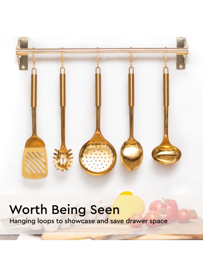 styled settings Gold Cooking Utensils Set  5Piece Stainless Steel Kitchen Tools for Modern Cooking and Serving  Dishwasher Safe Ladle Spoon Spatula Pasta Fork Luxury Brass Kitchen Accessories for Home Chefs  - Image 5