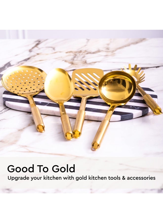 styled settings Gold Cooking Utensils Set  5Piece Stainless Steel Kitchen Tools for Modern Cooking and Serving  Dishwasher Safe Ladle Spoon Spatula Pasta Fork Luxury Brass Kitchen Accessories for Home Chefs  - Image 4