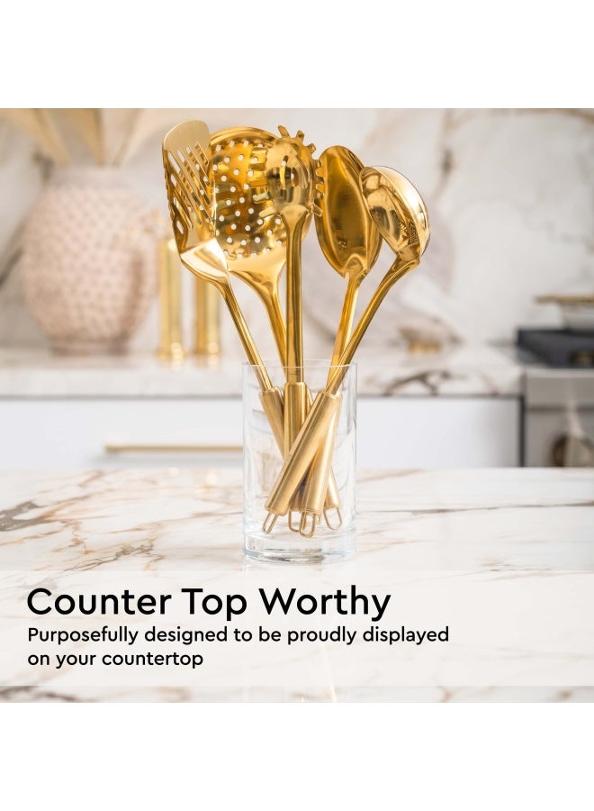 styled settings Gold Cooking Utensils Set  5Piece Stainless Steel Kitchen Tools for Modern Cooking and Serving  Dishwasher Safe Ladle Spoon Spatula Pasta Fork Luxury Brass Kitchen Accessories for Home Chefs  - Image 2