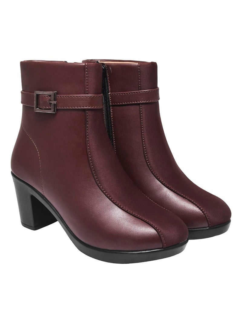 Shoetopia Women's Brown Faux Leather Ankle Boots with Mid Heel and Buckle Strap || Side Zipper Comfort Booties for Fall & Winter EU41 - Image 1