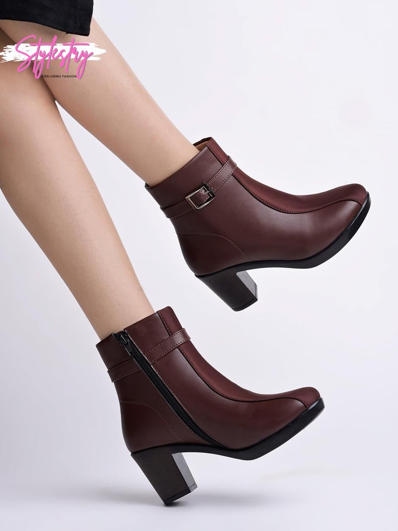 Shoetopia Women's Brown Faux Leather Ankle Boots with Mid Heel and Buckle Strap || Side Zipper Comfort Booties for Fall & Winter EU41 - Image 4