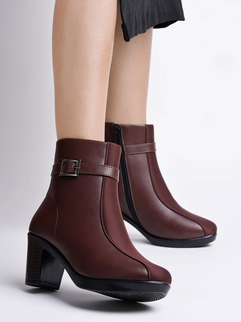 Shoetopia Women's Brown Faux Leather Ankle Boots with Mid Heel and Buckle Strap || Side Zipper Comfort Booties for Fall & Winter EU41 - Image 2