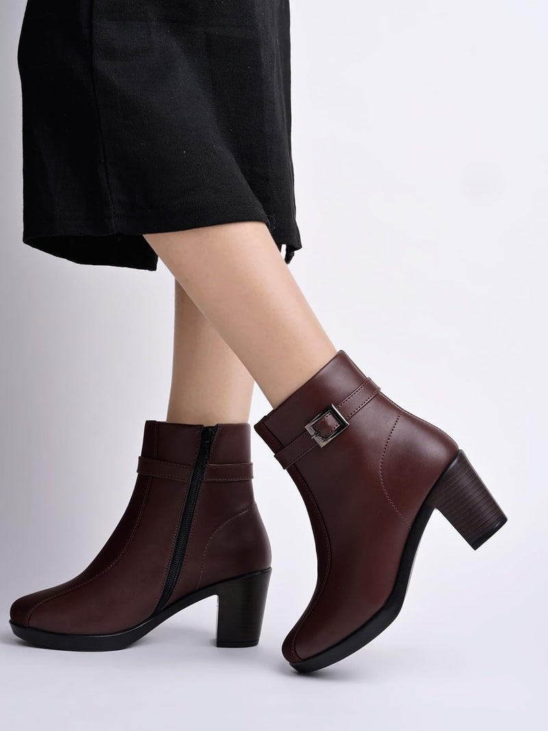 Shoetopia Women's Brown Faux Leather Ankle Boots with Mid Heel and Buckle Strap || Side Zipper Comfort Booties for Fall & Winter EU41 - Image 3