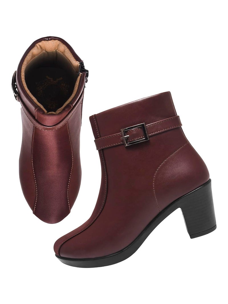 Shoetopia Women's Brown Faux Leather Ankle Boots with Mid Heel and Buckle Strap || Side Zipper Comfort Booties for Fall & Winter EU41 - Image 5