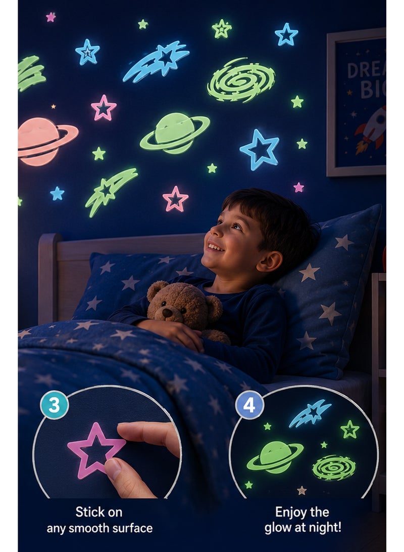 Glow in The Dark Space Wall Stickers for Kids Bedroom – Fluorescent Luminous Planets, Stars & Galaxy Decorations for Nursery, Ceiling, Party & Home Decor - Image 3
