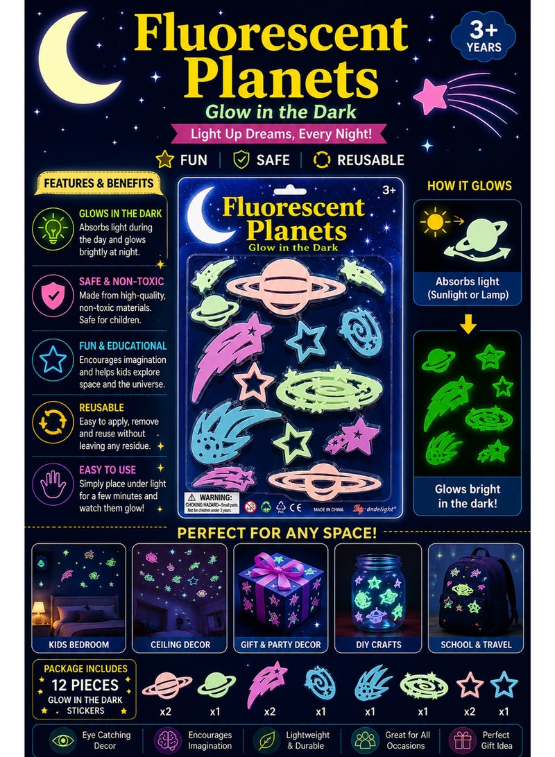Glow in The Dark Space Wall Stickers for Kids Bedroom – Fluorescent Luminous Planets, Stars & Galaxy Decorations for Nursery, Ceiling, Party & Home Decor - Image 4