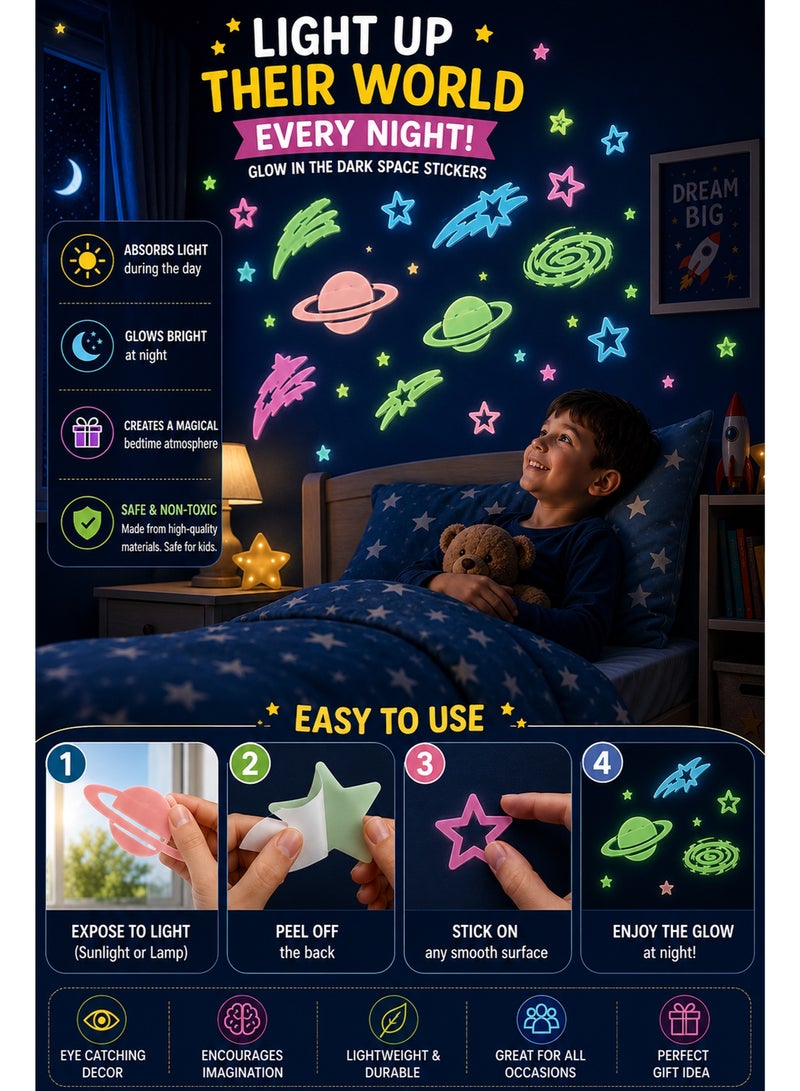 Glow in The Dark Space Wall Stickers for Kids Bedroom – Fluorescent Luminous Planets, Stars & Galaxy Decorations for Nursery, Ceiling, Party & Home Decor - Image 5