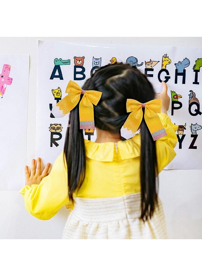 Doneace Back to School Bow Hair Clips Glitter Pencil Hair Bow Alligator Clips for Baby Girls Sparkly Leather Yellow Bowknot Hairpins for First Day of School Kindergarten Hair Accessories 2PCS(Type B) - Image 3