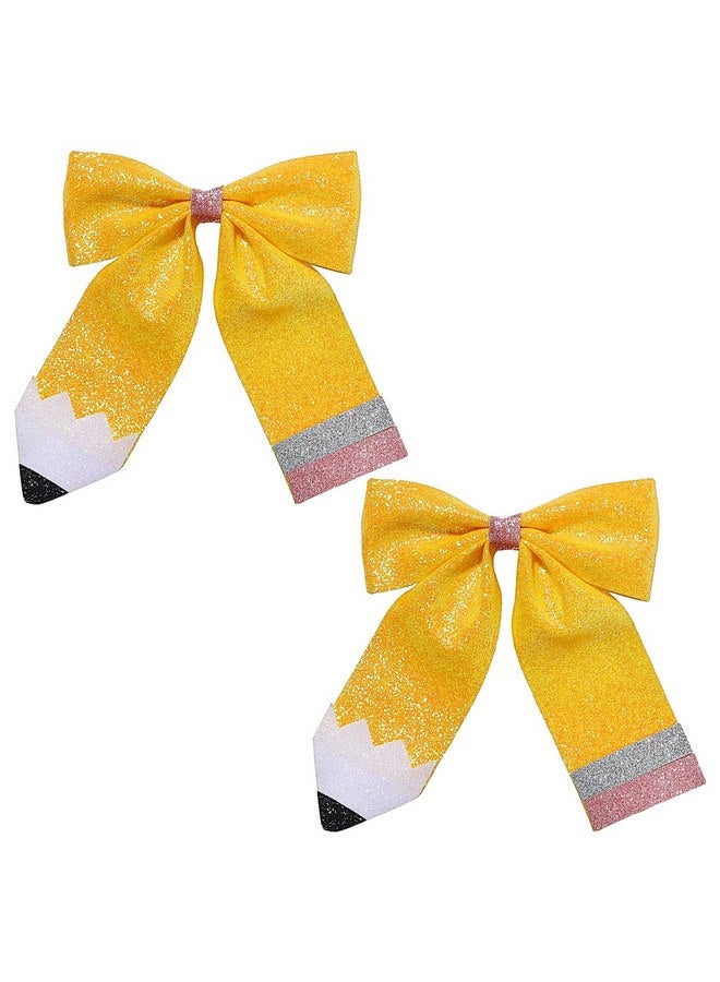 Doneace Back to School Bow Hair Clips Glitter Pencil Hair Bow Alligator Clips for Baby Girls Sparkly Leather Yellow Bowknot Hairpins for First Day of School Kindergarten Hair Accessories 2PCS(Type B) - Image 1