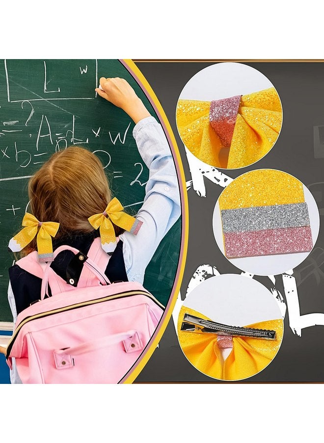 Doneace Back to School Bow Hair Clips Glitter Pencil Hair Bow Alligator Clips for Baby Girls Sparkly Leather Yellow Bowknot Hairpins for First Day of School Kindergarten Hair Accessories 2PCS(Type B) - Image 2