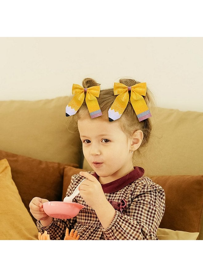 Doneace Back to School Bow Hair Clips Glitter Pencil Hair Bow Alligator Clips for Baby Girls Sparkly Leather Yellow Bowknot Hairpins for First Day of School Kindergarten Hair Accessories 2PCS(Type B) - Image 5