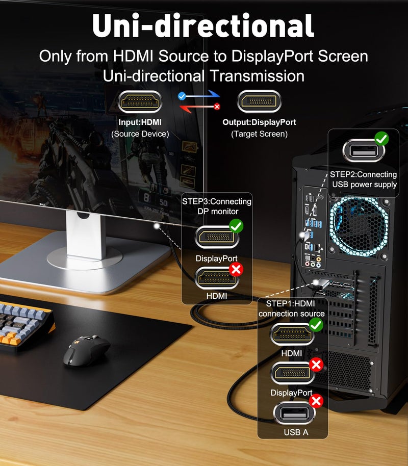 THANDBLE Active HDMI to DisplayPort Cable 6FT (4K60Hz), Uni-Directional HDMI Source to Display Port Monitor Cable, Male to DP Female Compatible PC, Graphics Card, Laptops, PS5 - Image 5