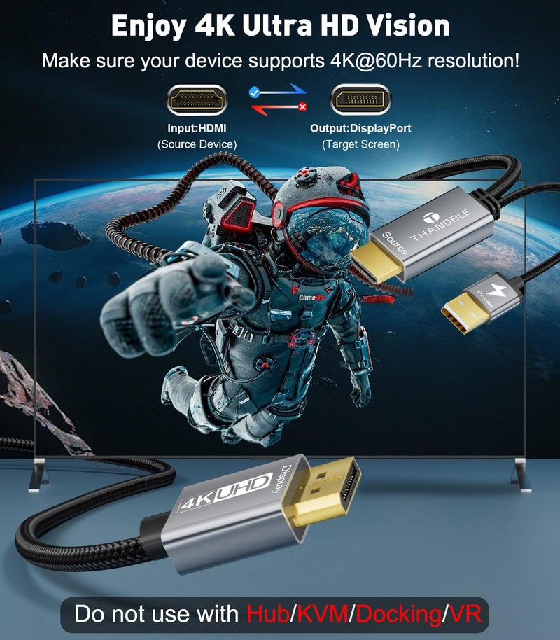 THANDBLE Active HDMI to DisplayPort Cable 6FT (4K60Hz), Uni-Directional HDMI Source to Display Port Monitor Cable, Male to DP Female Compatible PC, Graphics Card, Laptops, PS5 - Image 2