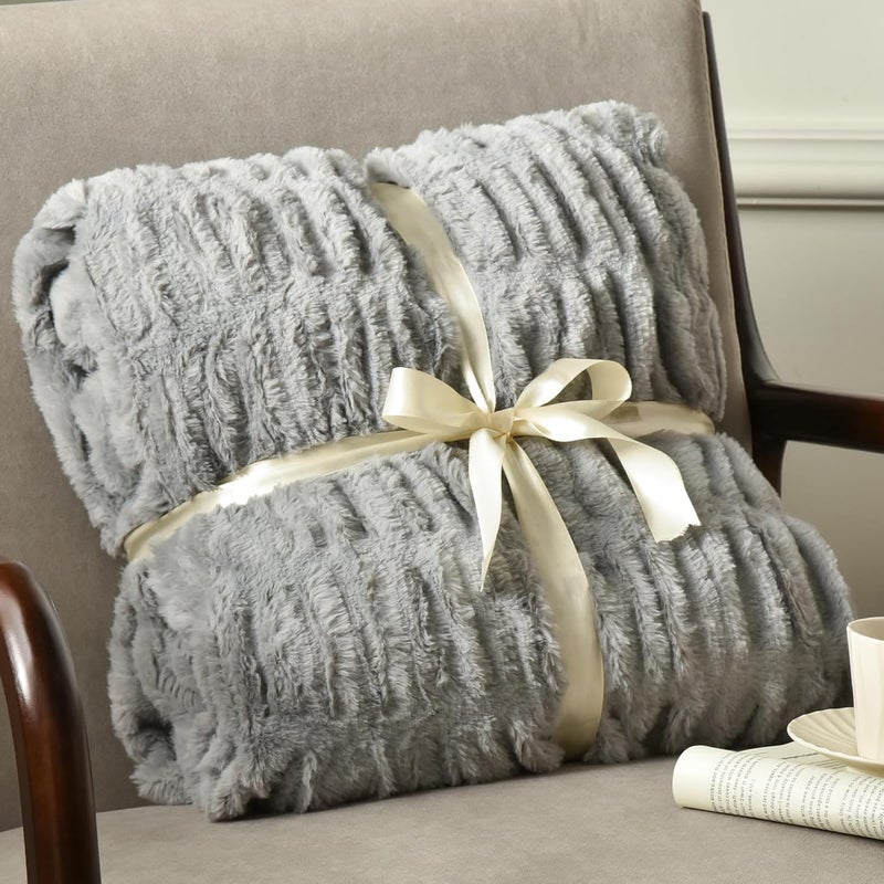 PHF Fluffy Ruched Faux Fur Throw Blanket for Couch,Cozy Plush Soft Luxury Warm for Fall Winter,Reversible Furry Thick Lightweight Blanket for Bed Sofa,Aesthetic Room Decor,Throw (127 cm x 152 cm), Grey - Image 1