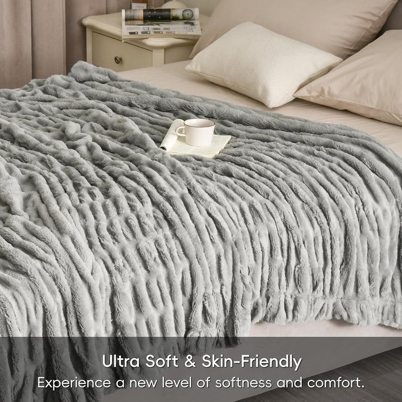 PHF Fluffy Ruched Faux Fur Throw Blanket for Couch,Cozy Plush Soft Luxury Warm for Fall Winter,Reversible Furry Thick Lightweight Blanket for Bed Sofa,Aesthetic Room Decor,Throw (127 cm x 152 cm), Grey - Image 4