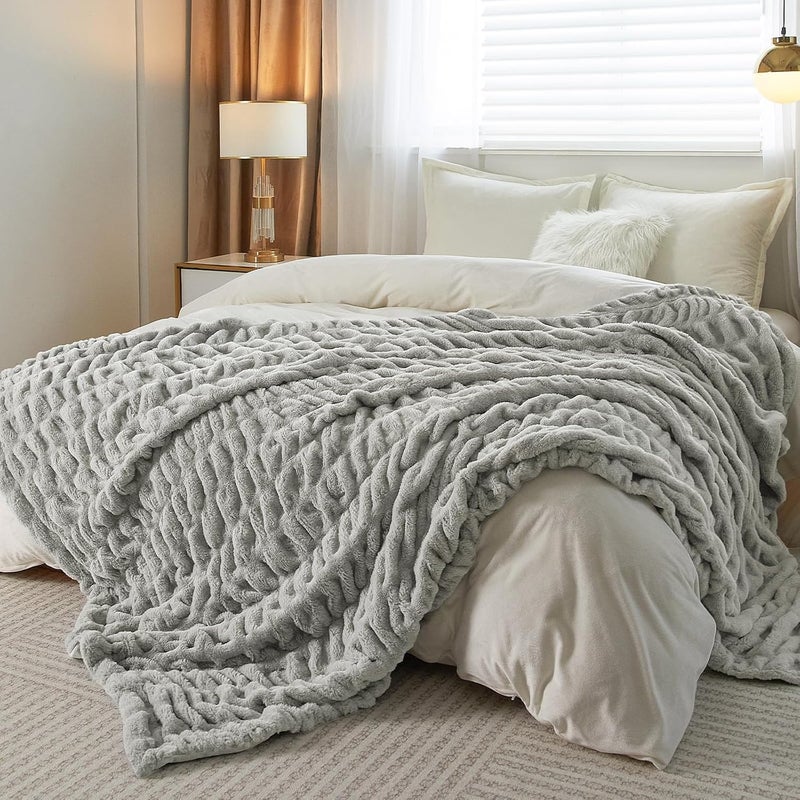 PHF Fluffy Ruched Faux Fur Throw Blanket for Couch,Cozy Plush Soft Luxury Warm for Fall Winter,Reversible Furry Thick Lightweight Blanket for Bed Sofa,Aesthetic Room Decor,Throw (127 cm x 152 cm), Grey - Image 2