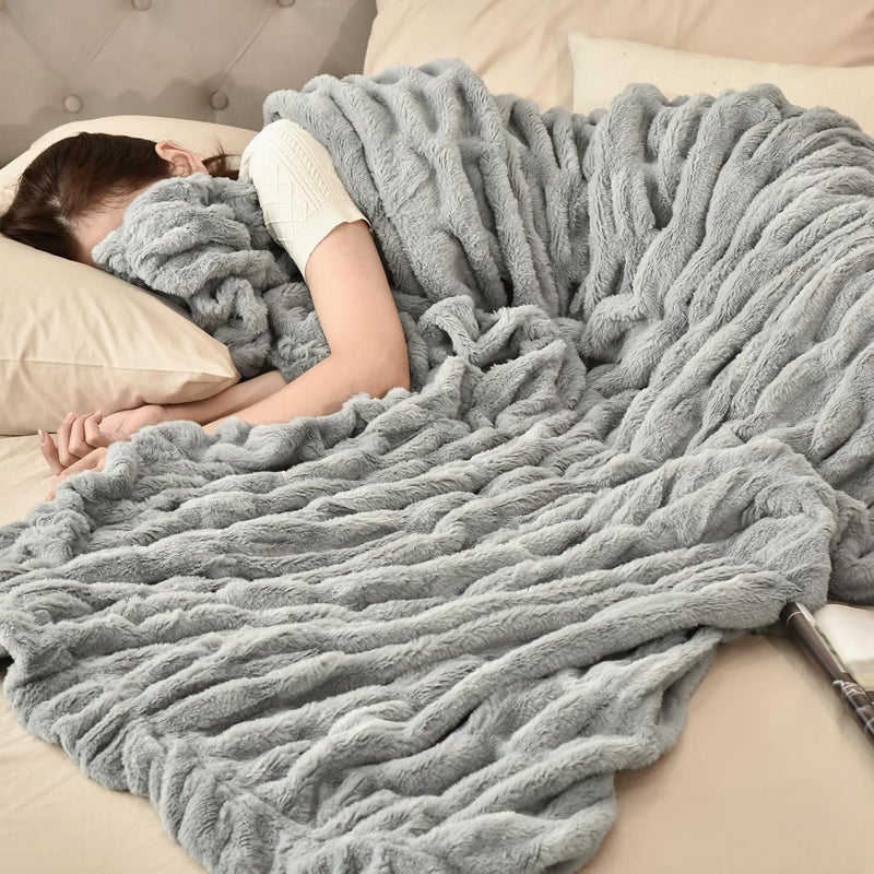 PHF Fluffy Ruched Faux Fur Throw Blanket for Couch,Cozy Plush Soft Luxury Warm for Fall Winter,Reversible Furry Thick Lightweight Blanket for Bed Sofa,Aesthetic Room Decor,Throw (127 cm x 152 cm), Grey - Image 5