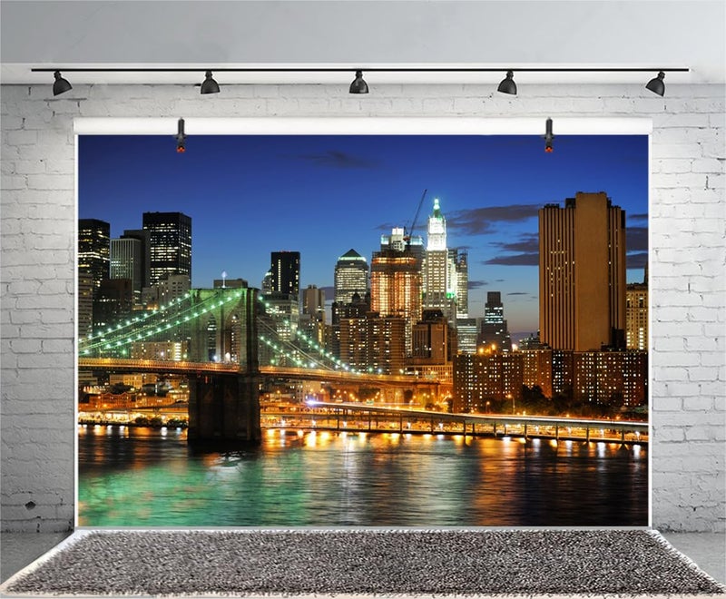 AOFOTO 7x5ft New York City Brooklyn Bridge Background Downtown Skyscrapers at Night Photography Backdrop Manhattan Skyline Hudson River Man Adult Portrait Photo Studio Props Video Drape Wallpaper - Image 5