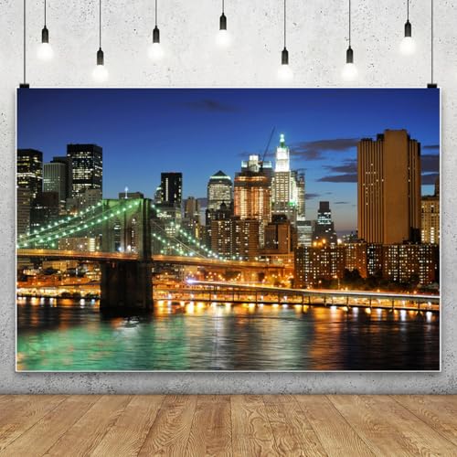 AOFOTO 7x5ft New York City Brooklyn Bridge Background Downtown Skyscrapers at Night Photography Backdrop Manhattan Skyline Hudson River Man Adult Portrait Photo Studio Props Video Drape Wallpaper - Image 2