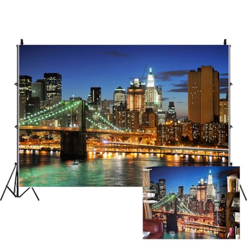 AOFOTO 7x5ft New York City Brooklyn Bridge Background Downtown Skyscrapers at Night Photography Backdrop Manhattan Skyline Hudson River Man Adult Portrait Photo Studio Props Video Drape Wallpaper - Image 1