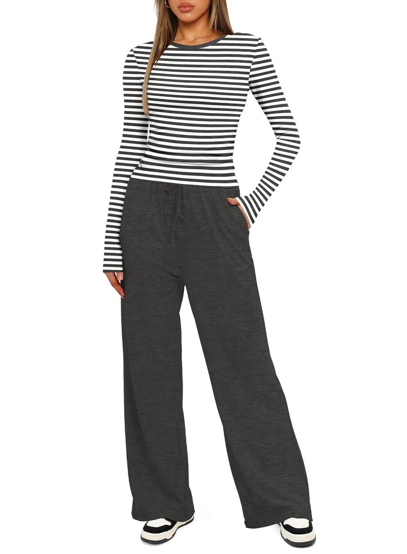 Darong Womens 2 Piece Outfit Long Sleeve Pullover Tops Wide Leg Pants Set Tracksuits 9065A Grey Striped S - Image 4