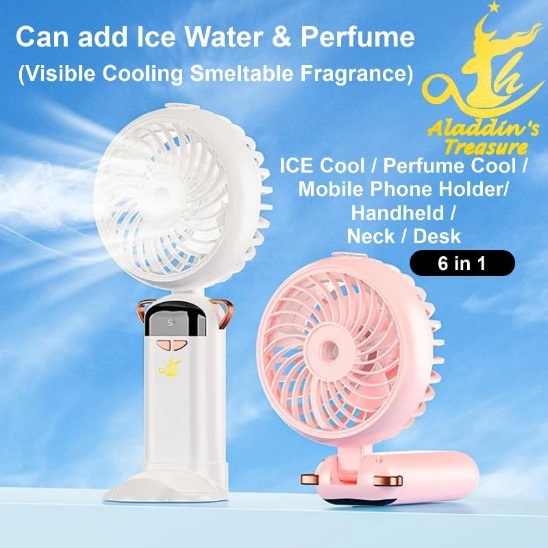 TBSoon [6 in 1] Aladdin Fan Portable, High Speed Ice Cool Water Fan, ICE Wind+Perfume Cool+Mobile Phone Holder+Handheld+Neck+Desk Personal Fan,Large Battery, OLED, Visible Cooling Smeltable Fragrance (Blue) - Image 4