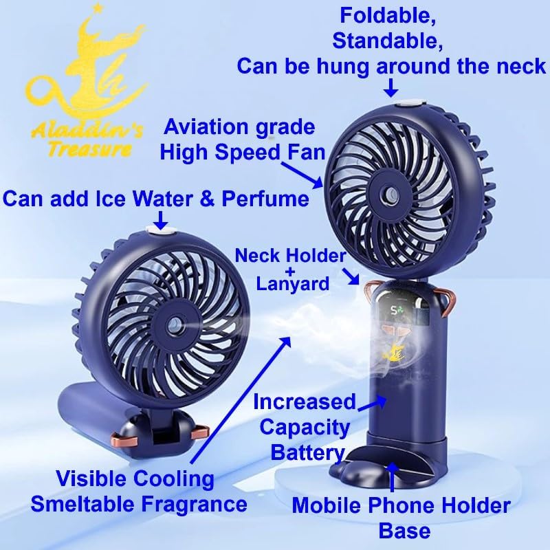 TBSoon [6 in 1] Aladdin Fan Portable, High Speed Ice Cool Water Fan, ICE Wind+Perfume Cool+Mobile Phone Holder+Handheld+Neck+Desk Personal Fan,Large Battery, OLED, Visible Cooling Smeltable Fragrance (Blue) - Image 5