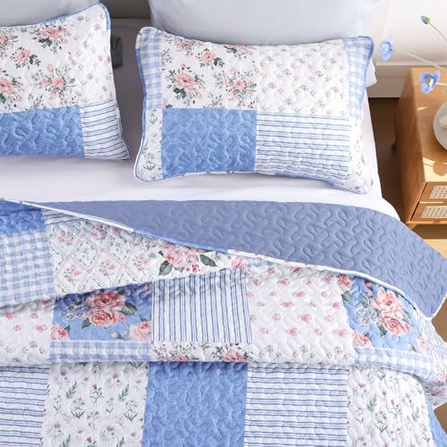 YIKUSH Floral Quilt Set King Size – Ultra Soft Lightweight Bedspread, 3 Piece Blue Bedding Set (104"x90") with Pillowcases (20"*36"), All Season Coverlet for Bedroom & Guest Room - Image 3