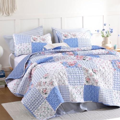 YIKUSH Floral Quilt Set King Size – Ultra Soft Lightweight Bedspread, 3 Piece Blue Bedding Set (104"x90") with Pillowcases (20"*36"), All Season Coverlet for Bedroom & Guest Room - Image 5
